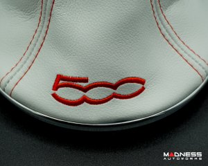 FIAT 500 Gear Shift Boot + Retaining Ring Set- White EcoLeather w/ Red Stitching + 500 Logo